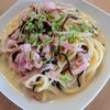 まゆのの作ってみた!投稿(簡単激旨ヘルシーランチ♡ベーコンと塩昆布の豆乳パスタ)