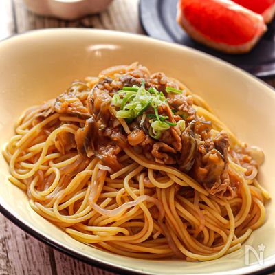 激うま！なすと牛肉のコク旨トマトパスタ！しらたきでヘルシー！