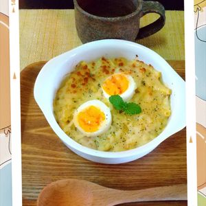 チョロリスの作ってみた!投稿(アツアツどうぞ！子供も大好き♡ゆで卵とツナのマカロニグラタン)