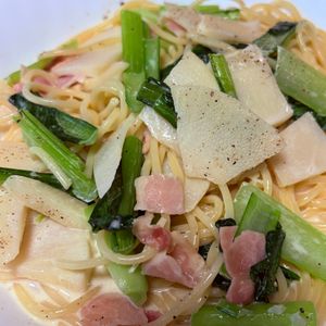 1496095の作ってみた!投稿(白だしで簡単♪【たけのこと小松菜の和風クリームスパゲティ】)