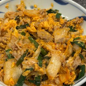 とーるじーじの作ってみた!投稿(楽々５分で！最高に美味しい☆ニラ玉豚キムチ)