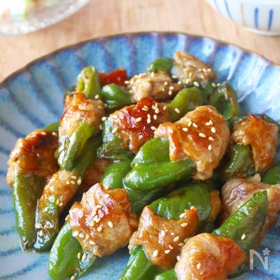 豚こまで♪ピーマンの甘味噌肉巻き