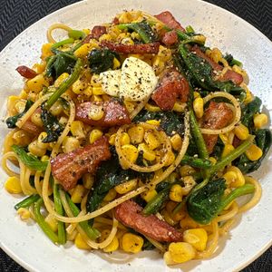 楽ラク手抜キッチン🐶🐾の作ってみた!投稿(ポン酢とバターでコク旨！ほうれん草とコーンのパスタ)