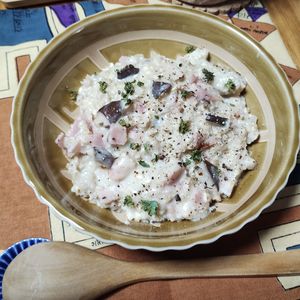 M＊Pの作ってみた!投稿(レンジで簡単♪きのことオートミールのミルクリゾット)