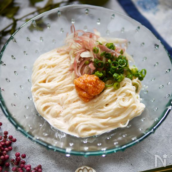 明太子とミョウガの冷製クリーム素麺