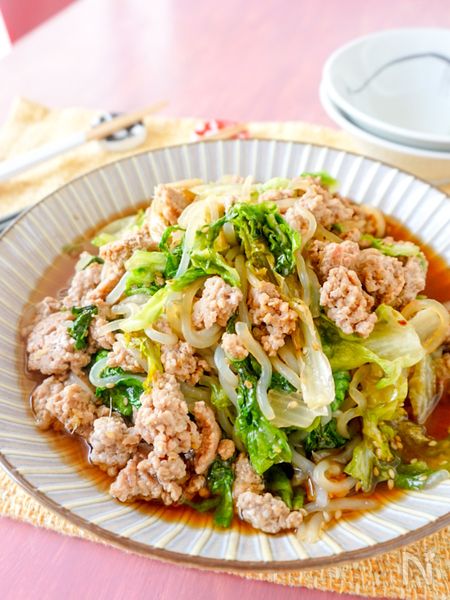しらたきとレタスのひき肉炒め