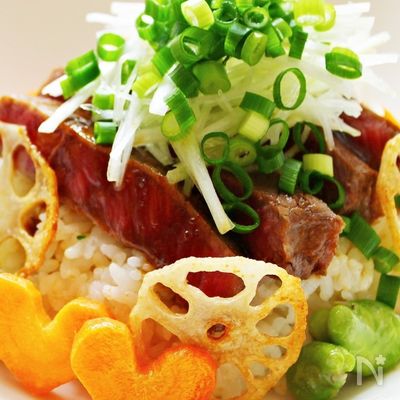 野菜たっぷりステーキ丼　柚子こしょう風味☆