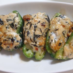 オレンジの作ってみた!投稿(鶏ひきで☆【ピーマンの肉詰めの甘酢照り焼き】お弁当にも♪)