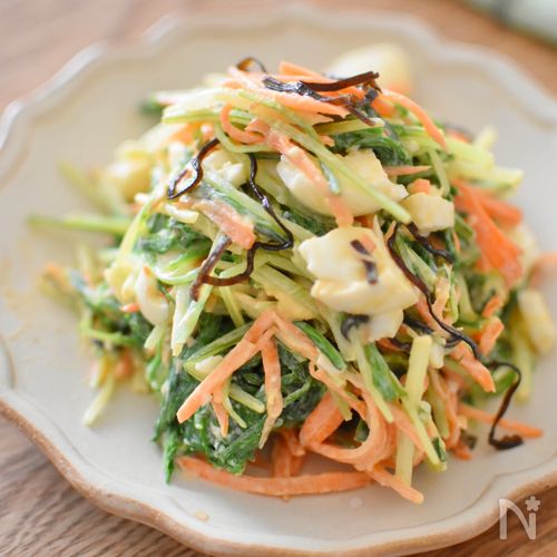 ［レンジだけ！水菜と人参の塩こん卵サラダ］ビタミンたっぷり◎