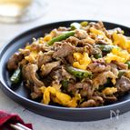 香酢でヘルシー！卵とスナップエンドウの豚肉炒め