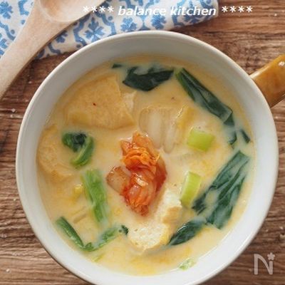 お肉なしでも大満足。時短。キムチ豆乳スープ