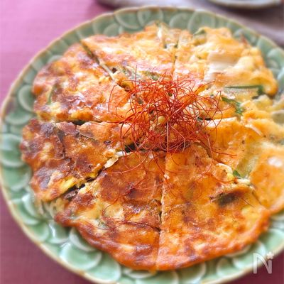 もやしニラキムチーズのかりっもちっ豆腐チヂミ