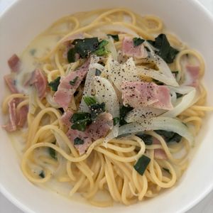 yaskjの作ってみた!投稿(もっちり生パスタ風♪時短ベーコンとほうれん草のスープパスタ)