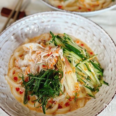 【豚しゃぶと野菜のごまだれうどん】ごまドレ×めんつゆで簡単!