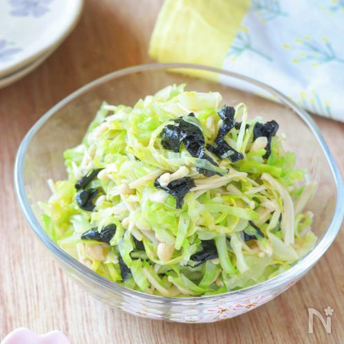 レンジで3分【キャベツとえのきの旨塩のりナムル】箸が止まらん