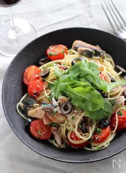 鯖とブラックオリーブのパスタ