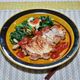 トマトソースで食べる「ポークソテー」（ほうれん草添え）