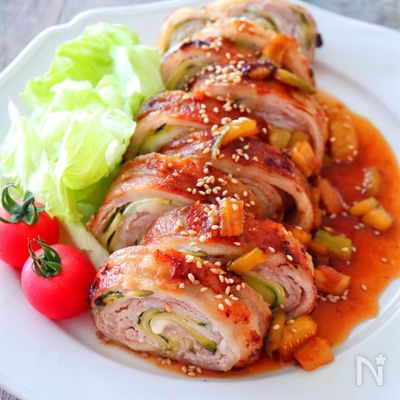 ［ズッキーニとチーズのくるくる肉巻き］巻いて焼くだけ！簡単