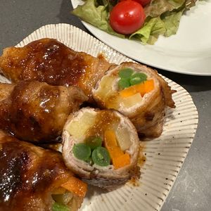なつみかんの作ってみた!投稿(確実に旨い♡『三色肉巻きの甘味噌照り焼き』味付け一律大さじ１)