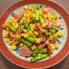 たりおの作ってみた!投稿(*アスパラベーコンの彩りコンソメ炒め*コーンの食感楽しい♪)