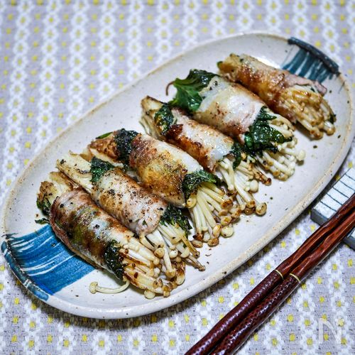 エノキの豚肉大葉しそ巻き焼き