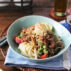 牛肉とたたきオクラの生姜醤油うどん