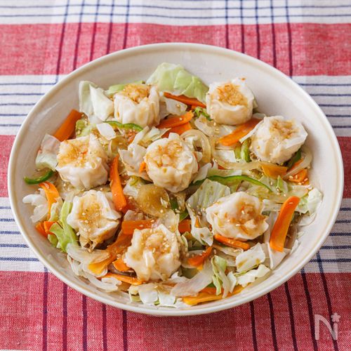 レンジで簡単！えびシュウマイと彩り野菜のしょうがぽん酢がけ