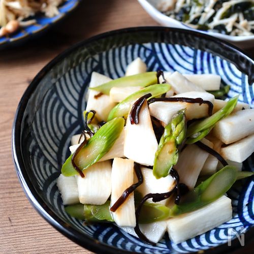 【簡単なのにやみつき】長芋とアスパラの塩昆布ポン