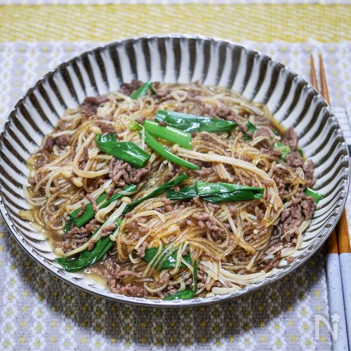 春雨とエノキ、合い挽き肉のすき炒め