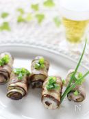 ナスの豚肉巻き、にんにく風味