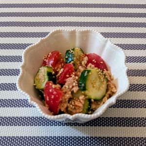 𝔂𝓾𝓶𝓲🍓の作ってみた!投稿(切って和えるだけ♩トマトときゅうりのごまツナ和え)