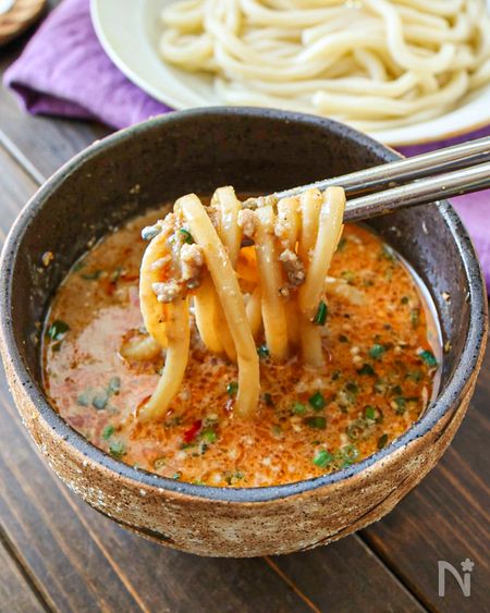 【レンジで5分！濃厚担々つけ汁うどん】簡単にすぐできる♡