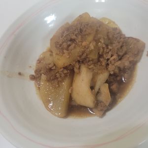 1バーバミーの作ってみた!投稿(れんこんと大根の照り照り豚こま炒め)