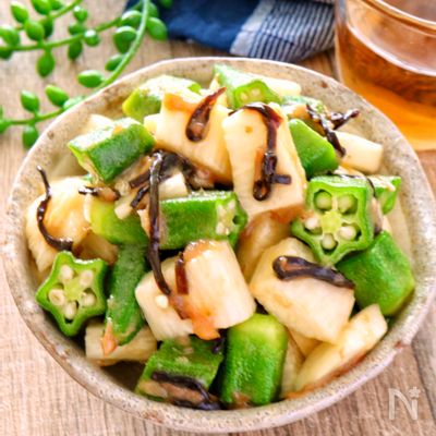 長芋とオクラの梅塩昆布和え♩調味料は麺つゆとごま油！ネバうま