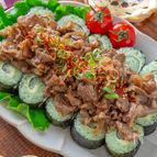 やみつき激うま！【甘辛牛肉のせ バジルチーズキンパ】ガパオ風