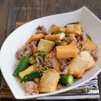 豚こまと絹厚揚げとオクラの旨塩マヨ炒め
