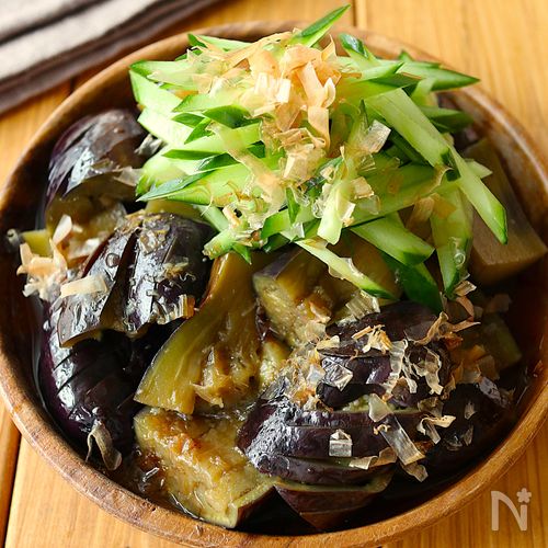 レンジで5分！【なすの揚げ浸し風】シャキシャキきゅうり添え♩