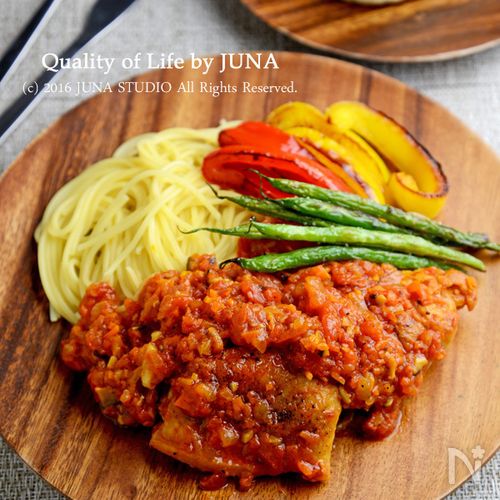 チキンのトマト煮 パスタ 焼き野菜添え By Juna 神田智美 レシピサイト Nadia ナディア プロの料理家のおいしいレシピ
