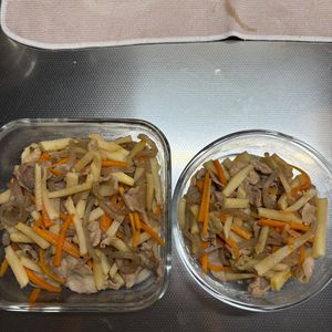 1223595の作ってみた!投稿(たけのこと豚肉のきんぴらこんにゃく)