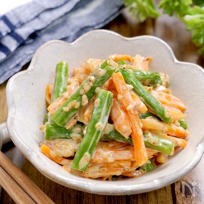 レンジで作る♪『いんげんと人参のごまマヨ和え』お弁当にも♡