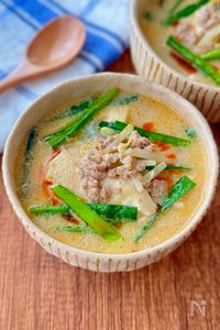 もやしと豆腐たっぷり♩コクうま豆乳担々スープ