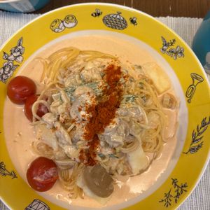 1538645の作ってみた!投稿(トマトとシソでさっぱり！ピリ辛クリーミー韓国風海鮮パスタ)