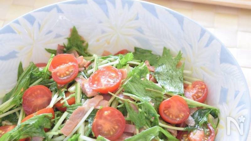 簡単 水菜とミニトマトとベーコンの和風サラダ By 豊田 亜紀子 レシピサイト Nadia ナディア プロの料理家のおいしいレシピ