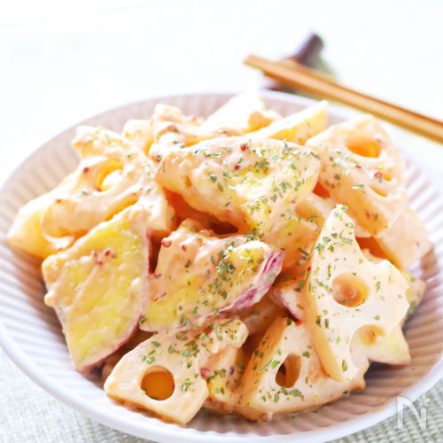 簡単デリ風！【さつまいもと蓮根のオーロラサラダ】和えるだけ♪