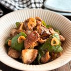『おつまみに最高！』砂肝と椎茸とピーマンのにんにくポン酢炒め