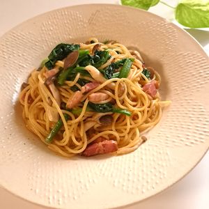 とのちゃまの作ってみた!投稿(簡単！『ほうれん草とベーコンとしめじの醤油パスタ』)