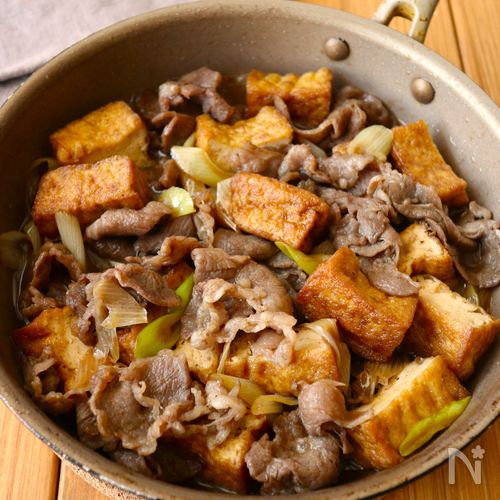 ワンパン10分！【牛肉×厚揚げ甘辛すき煮】時短で染みジュワ♩