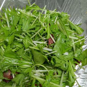 鶏皮坊主の作ってみた!投稿(焼肉屋さん風！【水菜とベーコンのやみつきサラダ】)
