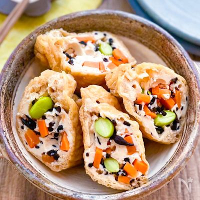【豆腐と五目の巾着煮】ひじきは水戻し不要！節約おかず♡