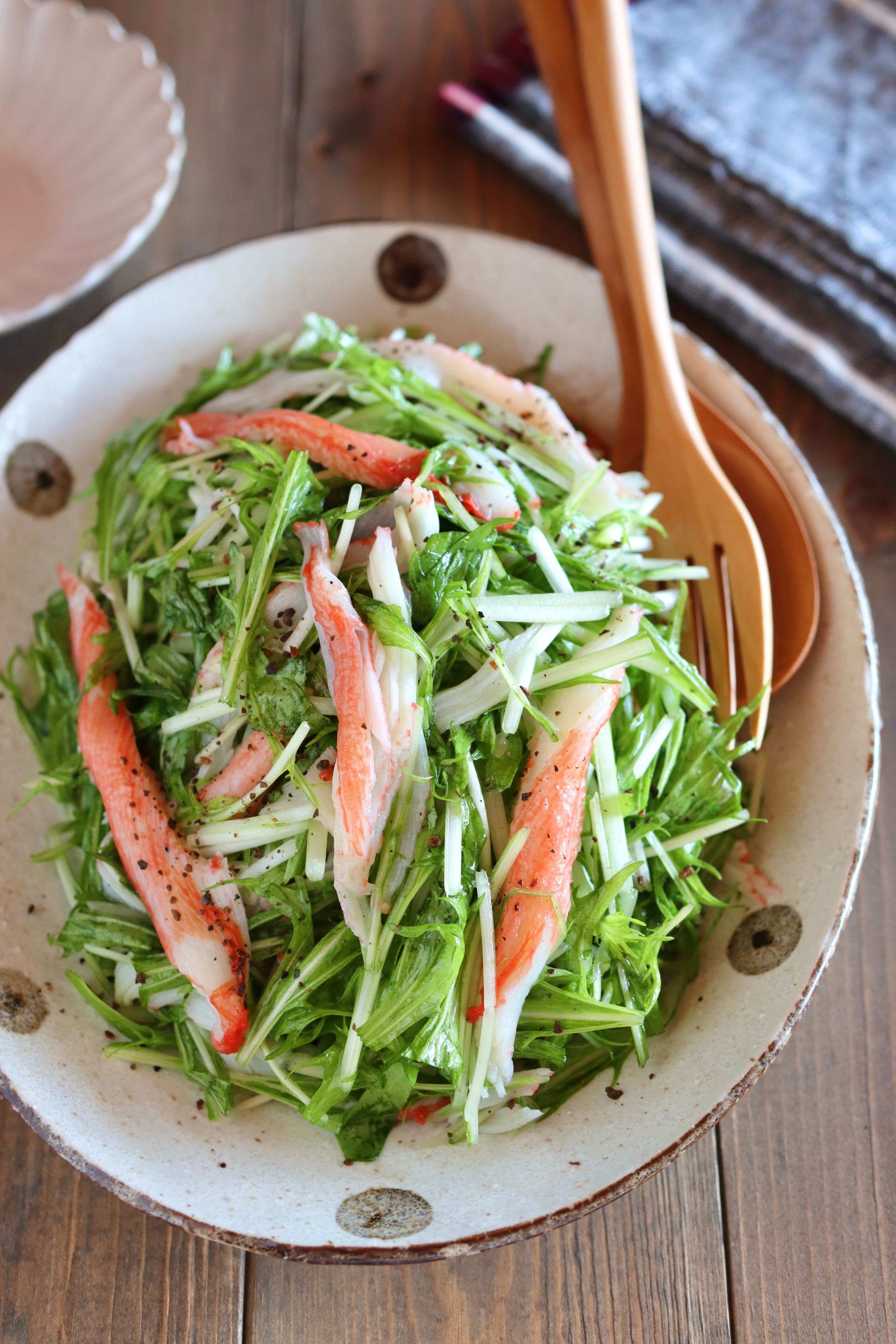 水菜とカニカマのさっぱり和え【白だしで簡単】 | レシピサイトNadia